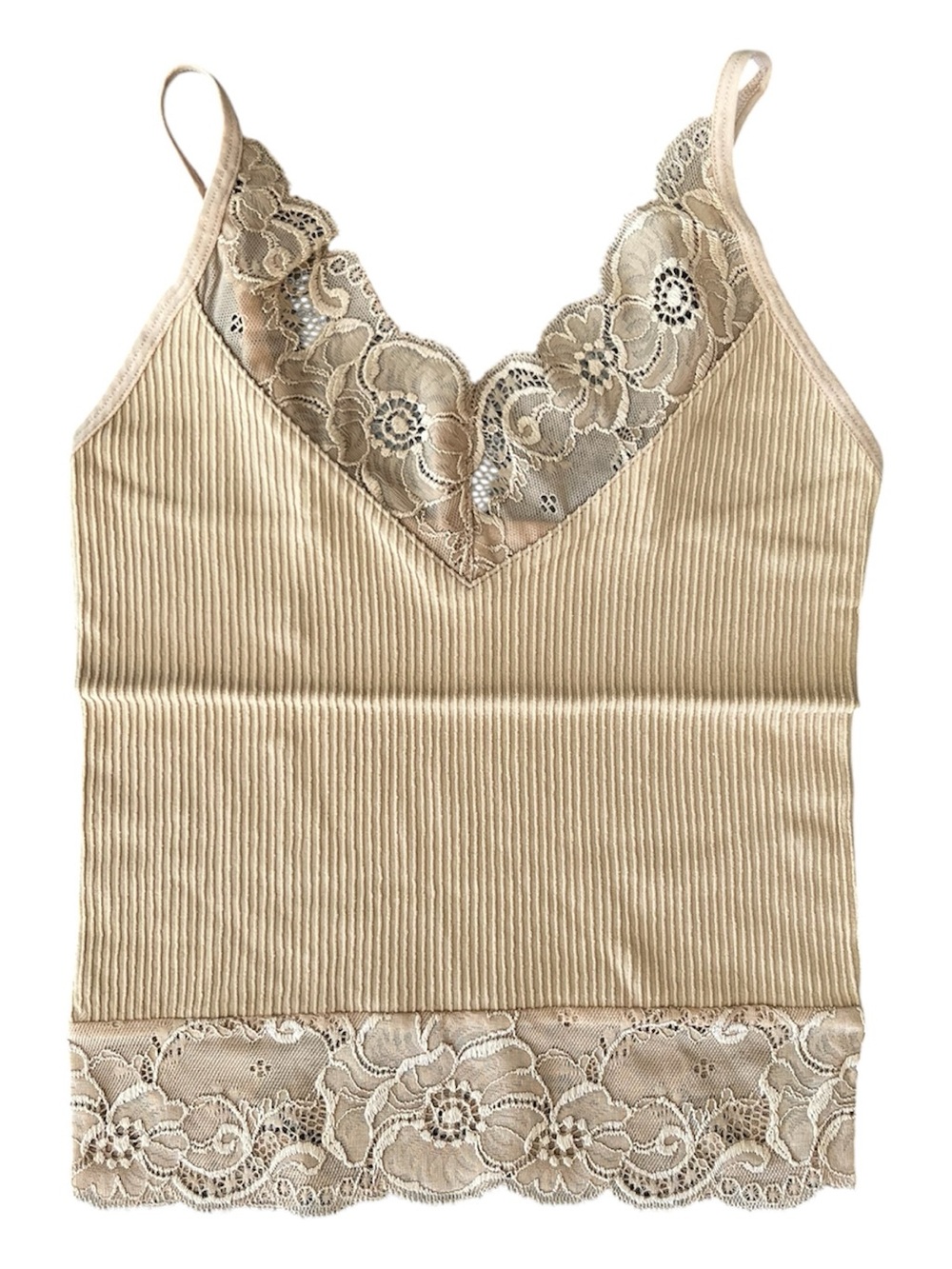 Lace Trim Ribbed Camisole **TAN** Size Small New Soft Feminine Layering Staple